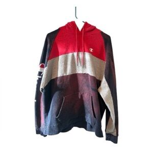 Champion XL Colorblock Hoodie Bleach Dyed Red Gray Navy